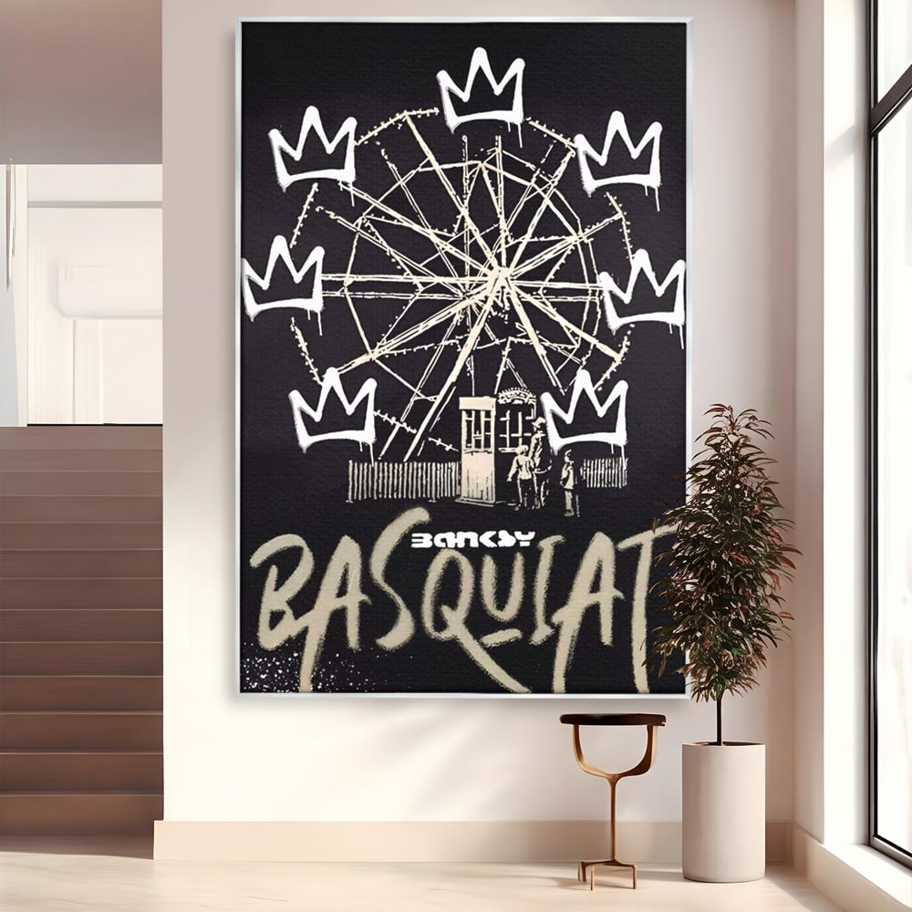 Tablou canvas cu tablou canvas cu graffiti banksy si roata, in rama de aluminiu argintiu